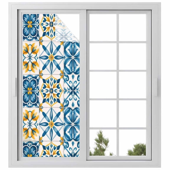 Blue Yellow Boho Window Privacy Film, Geometric Floral Traditional Spanish Style Frosted Glass Window Clings Static Cling UV Heat Blocking Reusable Door Sticker for Bathroom 23.6 x 59 Inch