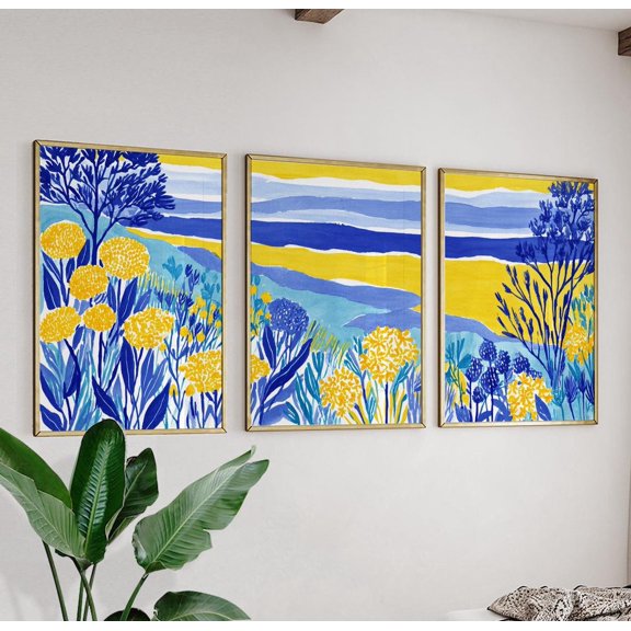 Blue Yellow Botanical Landscape Modern Triptych Art Set 3 Stretched Canvas 8x12