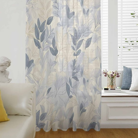 Blue Yellow Botanical Semi Sheer Curtains Drapes for Living Room, Bedroom, French Doors Window 63 Inches Long, Spring Summer Vintage Rod Pocket Chiffon Curtain Drapery Voile Draperies Panel