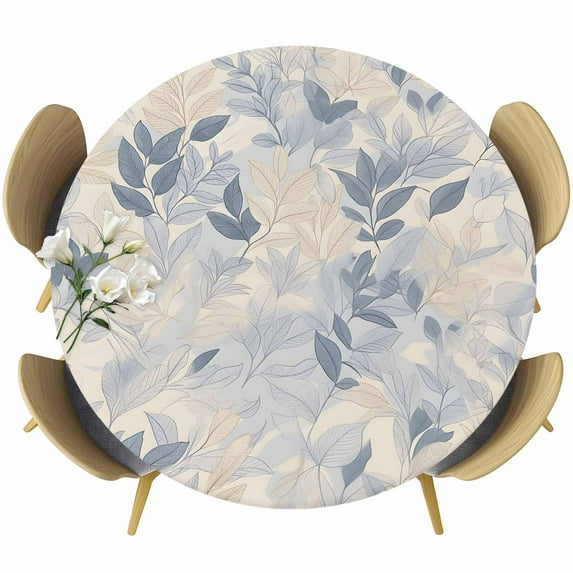 Blue Yellow Botanical Table Cloth, Round Fitted Tablecloths with Elastic Edge, Spring Summer Vintage Wipeable Waterproof Table Cover for Kitchen Wedding 45-54 Inches