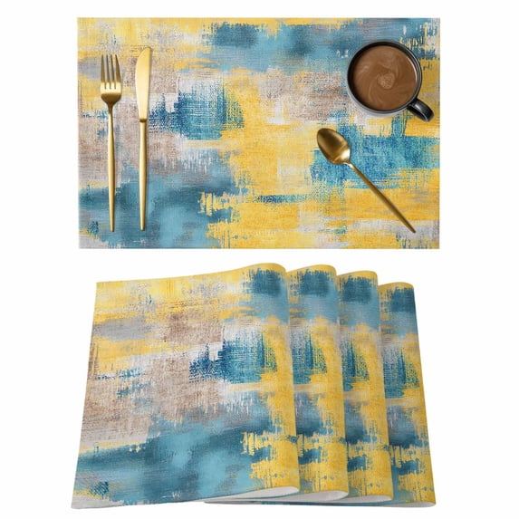 Blue Yellow Brown Placemats Set of 12 Modern Abstract Mottled Oil Painting Place Mats Indoor Wipeable Table Mats Washable Cloth Dining Table Placemats for Kitchen Holiday Party Home Decor 13x19 Inch
