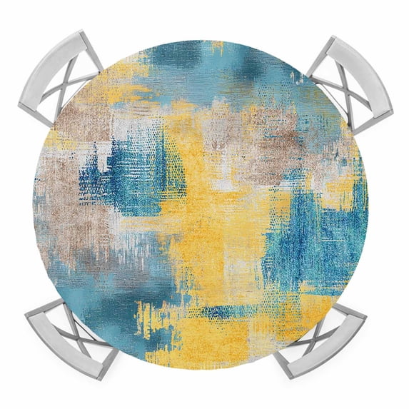 Blue Yellow Brown Round Tablecloth for 55-60 Inch Tables,Fitted Table Cover with Elastic Edge,Modern Abstract Mottled Oil Painting Waterproof Outdoor Table Cloth Protector for Patio Garden Dinner