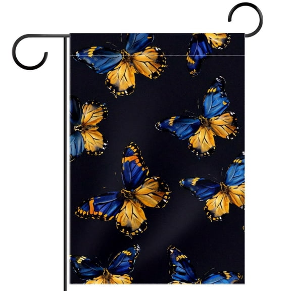 Blue and Yellow Butterflies on Black Background Welcome Garden Flags, 12 x 18 Inch Double Sided Outdoor Yard Flags Waterproof For Home Outside Patio Lawn Porch