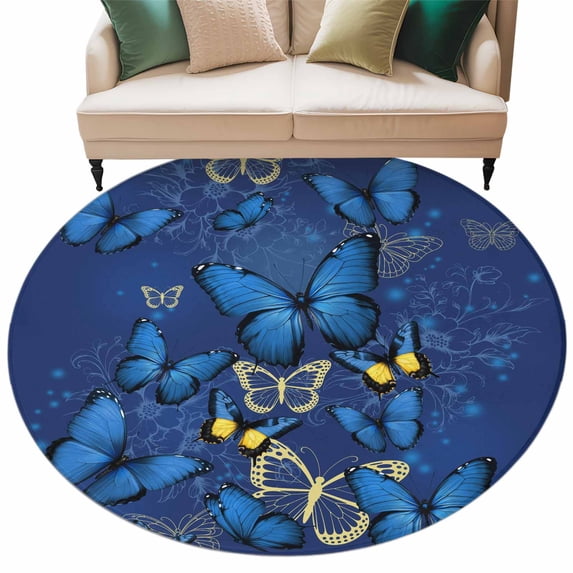 Blue and Yellow Butterfly Round Area Rug 5ft Plants Floral Art Blue Theme Non-Slip Washable Circle Rugs Soft Felt Indoor Floor Mat for Bedroom Kitchen Living Room Bathroom
