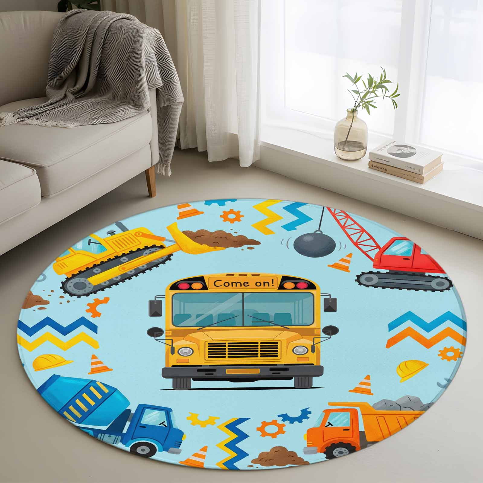 Blue Yellow Cartoon Truck Round Area Rug 3Ft Washable Small Circle Rugs ...