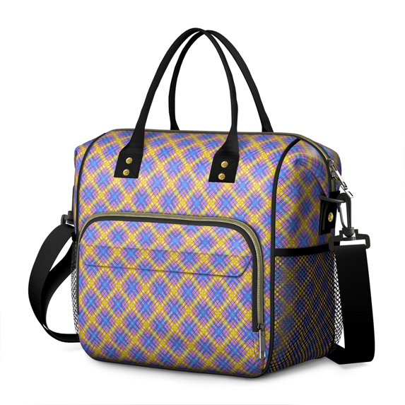 Blue and Yellow Checkered Pattern Insulated Leakproof Lunch Box for Women, Large Lunch Bag for Tween Teen Adult, Loncheras Para Mujer for Work Beach Travel Picnic Camping