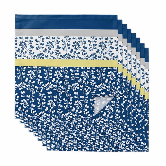 Blue Yellow Cloth Napkins, Botanical Floral Motifs Wildflower Striped Washable and Reusable Dinner Napkins Set of 8, Table Napkin for Kitchen Party Birthday Wedding Hotel Housewarming 20"x20"