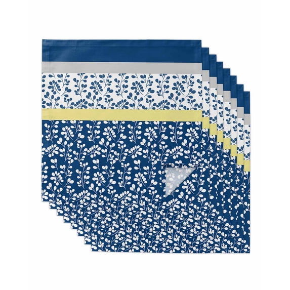 Blue Yellow Cloth Napkins Set of 8 Reusable Dinner Napkins, Botanical Floral Motifs Wildflower Striped Cocktail Napkin Washable Table Napkins for Wedding/Holiday Party/Baby Shower 20"x20"