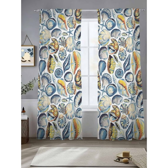 Blue Yellow Coastal Sheer Curtains for Living Room Bedroom Summer Shell Starfish Ocean Sheer Curtains 96 Inch Long 2 Panels Set Light Filtering Curtain Window Treatments Drapes for Dining Room