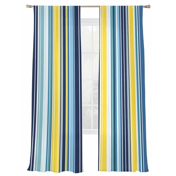 Blue Yellow Colorful Stripes Sheer Curtains for Living Room Bedroom, Light-filtering Sheer Curtain, Summer Classic Stripes Rod Pocket Voile Window Treatment Drapes, 52’’Wx108’’L, 2 Panels Set