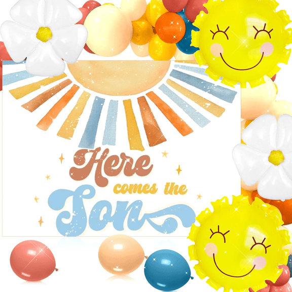 Blue And Yellow Here Comes The Son Baby Shower Decor Here Comes The Son Baby Shower Banner Backdrop Decorations Sunshine Baby Shower Balloons Sun Balloon