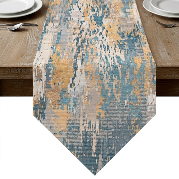 Blue Yellow Copper Rust Table Runner Linen Burlap Table Runner 36 Inches Small Vintage Industrial Mottled Abstract Dresser Scarves for Kitchen Island Coffee Dining Room Party Holiday Decor 13"x36"