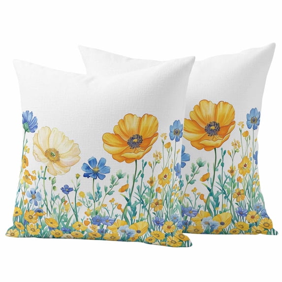 Blue Yellow Cosmos Pillow Covers 2 Pack Watercolor Flowers Pillowcase Waterproof Outdoor Throw Pillow Cover for Patio Garden Square Cushion 24”x24”