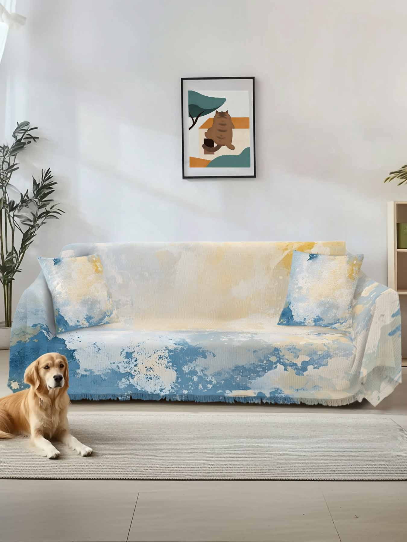 Blue Yellow Couch Cover for 2 Cushion Couch, Modern Vintage Oil Painting Abstract Washable Love Seat Sofa Covers Slipcover, Throw Sofa Covers for Pets, Furniture Protector 71"x102"