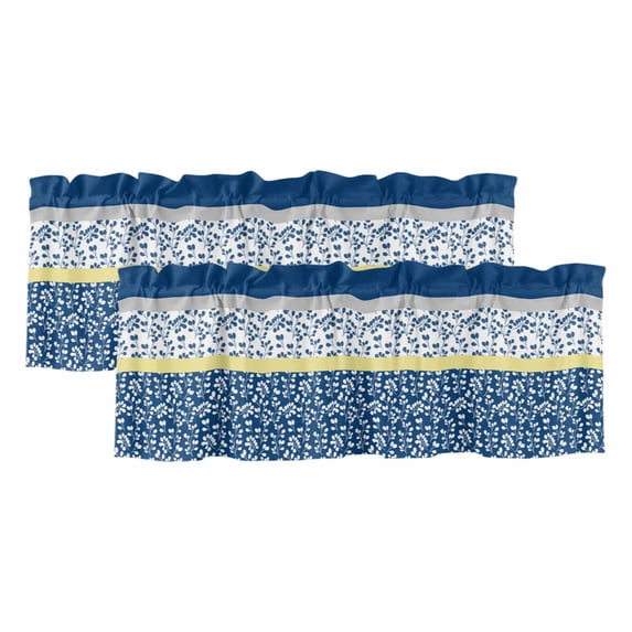 Blue Yellow Curtain Valances for Windows, Kitchen Valance Window Treatments Panel 2 Pack, Botanical Floral Motifs Wildflower Striped Rod Pocket Short Curtains for Bathroom Bedroom 60 x 18 Inch