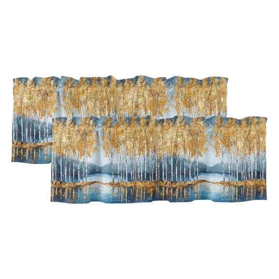 Blue Yellow Curtain Valances for Windows, Kitchen Valance Window Treatments Panel 2 Pack, Modern Abstract Oil Expressionism Rod Pocket Short Curtains for Bathroom Bedroom 42 x 12 Inch