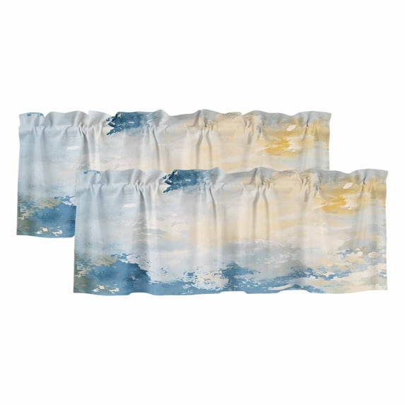 Blue Yellow Curtain Valances for Windows, Kitchen Valance Window Treatments Panel 2 Pack, Modern Vintage Oil Painting Abstract Rod Pocket Short Curtains for Bathroom Bedroom 42 x 18 Inch