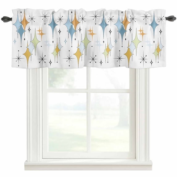 Blue Yellow Diamond Farmhouse Short Window Curtain Valances, Modern Geometric Middle Century Rod Pocket Kitchen Valances for Living Room Bedroom Bathroom Cafe 42" x 12"