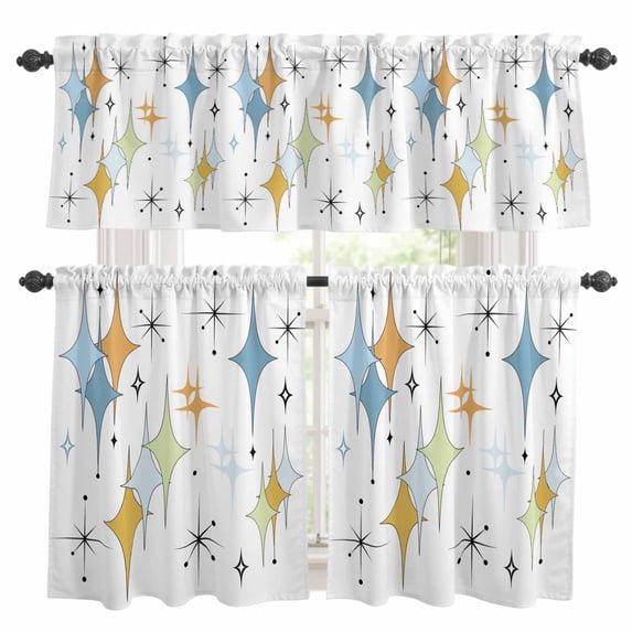 Blue Yellow Diamond Kitchen Curtains Sets for Windows 36 Inch Length, Modern Geometric Middle Century Rod Pocket Window Treatments Tier Curtains and Valances Set for Bedroom/Bathroom