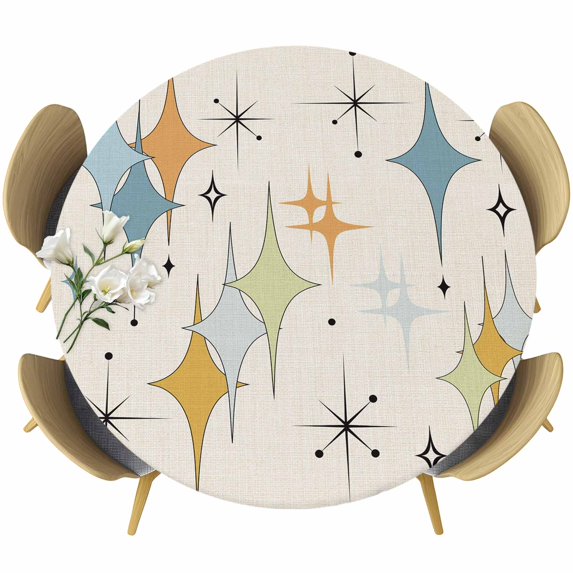 Blue Yellow Diamond Round Tablecloth, Fitted Table Cover with Elastic for 45"-54" Round Tables, Modern Geometric Middle Century Beige Table Cloth Outdoor Indoor Dinning Party Waterproof Tablecloths