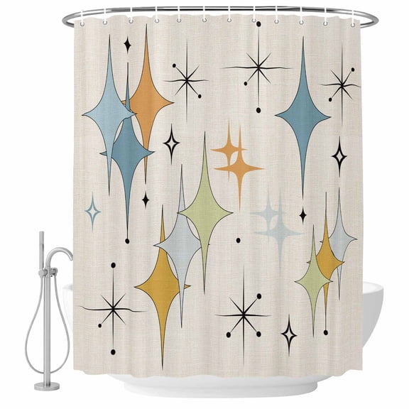 Blue Yellow Diamond Shower Curtain, Waterproof Shower Curtains for Bathroom, Modern Geometric Middle Century Beige Washable Fabric Bathtub Curtain Set Bath Decor with 12 Hooks Stall 36"x72"