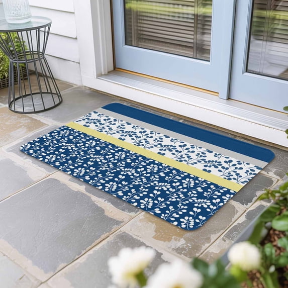 Blue Yellow Door Mat Indoor Outdoor, Botanical Floral Motifs Wildflower Striped Non Slip Welcome Mat with Rubber Backing, Absorbent Fabric Front Door Mats Entryway Rug for Home Patio Entrance 16"x24"