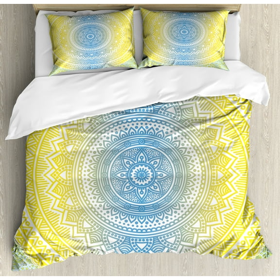 Blue and Yellow Duvet Cover Set, Ombre Mandala Oriental Universe and Themed Image Art, Decorative 3 Piece Bedding Set with 2 Pillow Shams, Calking Size, Blue Yellow, by Ambesonne