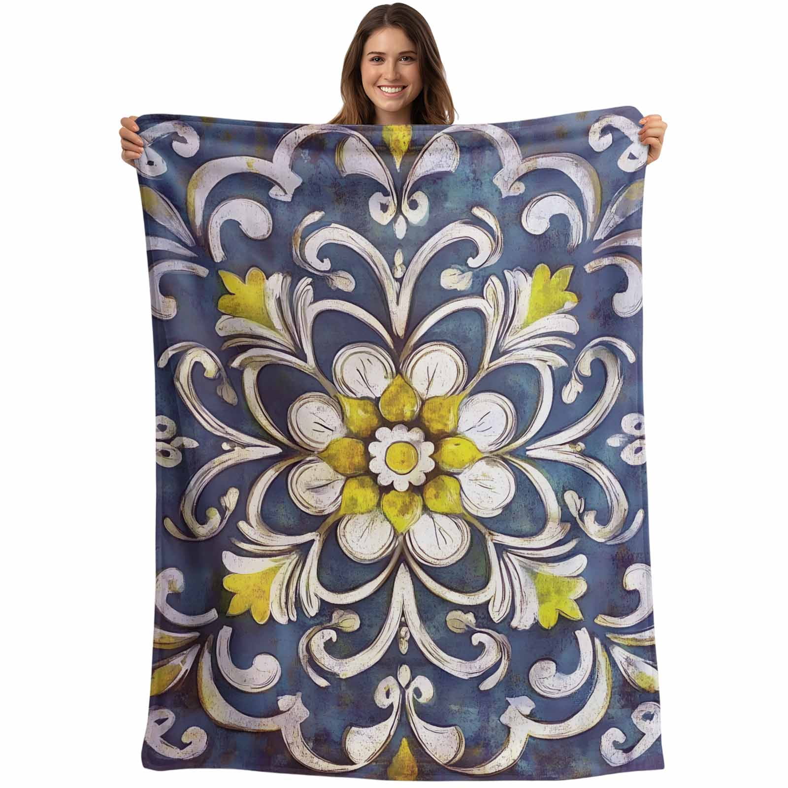 Blue Yellow Ethnic Floral Blanket Soft Cozy Warm Throw Blanket for ...