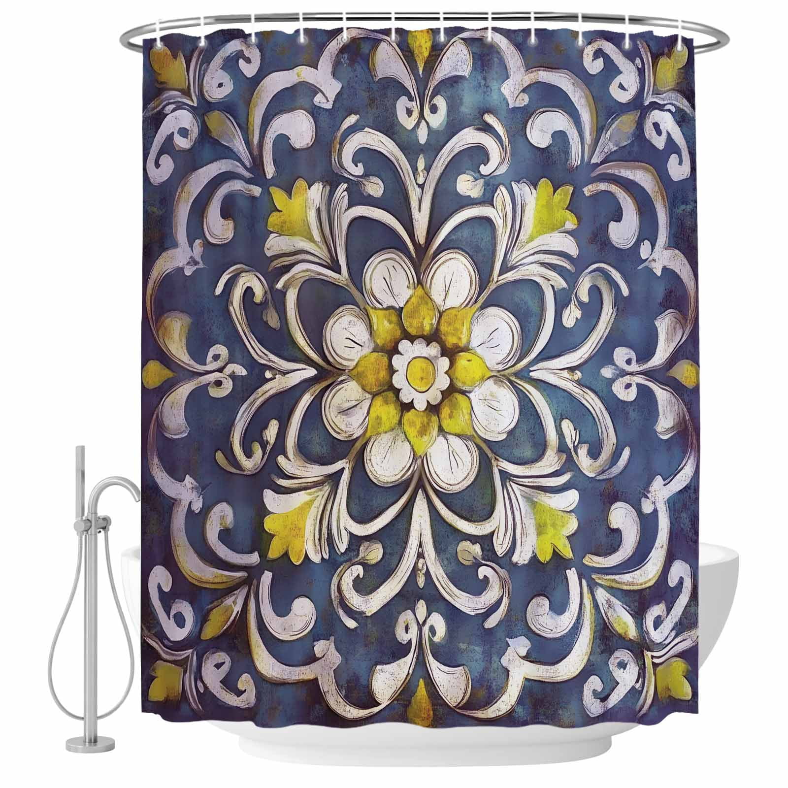 Blue Yellow Ethnic Floral Shower Curtain Set - Standard 72" x 72