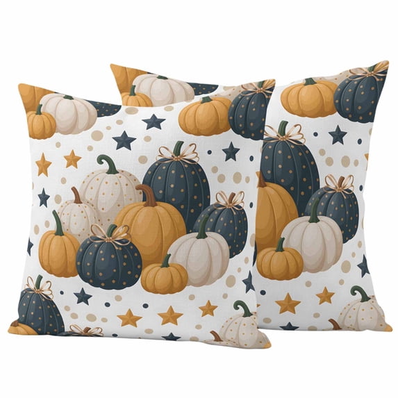 Blue Yellow Fall Outdoor Waterproof Pillow Covers, Pumpkins Maple Leaf Thanksgiving Decorative Square Throw Pillowcase Sofa Cushion Sham for Patio/Couch/Chair, 18"x18" 2 Pack