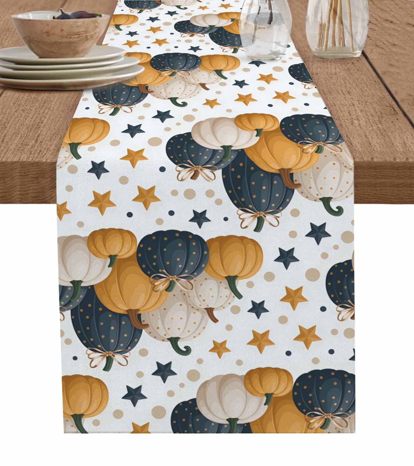 Blue Yellow Fall Table Runner 90 Inches, Pumpkins Maple Leaf ...