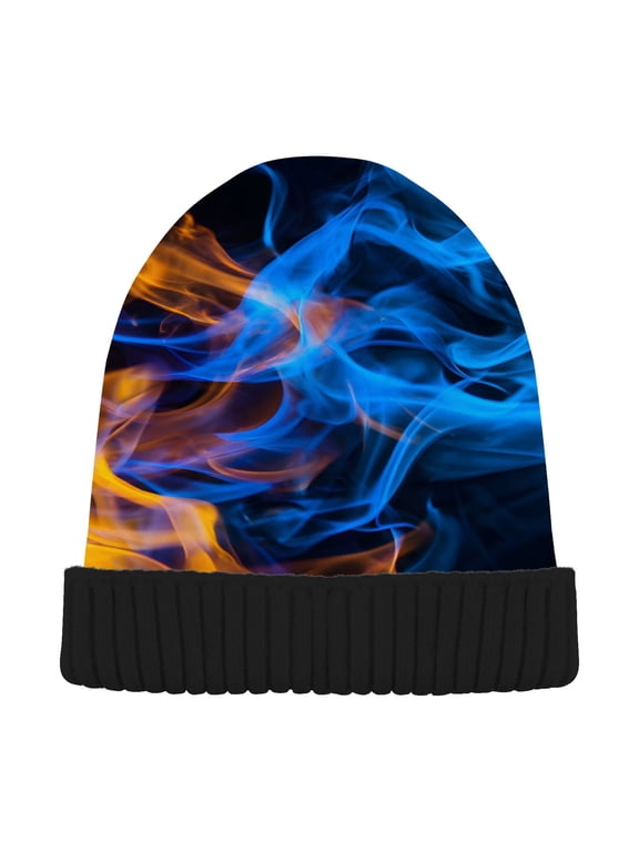 Blue Yellow Flames Print Knit Beanie Winter Hat Skull Cap for Women Men