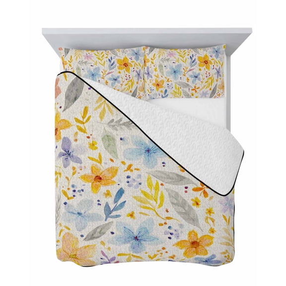 Blue Yellow Floral 3 Piece Quilt Set Twin Size, Boho Bright Gold Blue Flowers Leaf Linen Soft Bedspread Coverlet Bedding Set Microfiber Lightweight Comforter Set with 2 Pillowcases for Bedroom