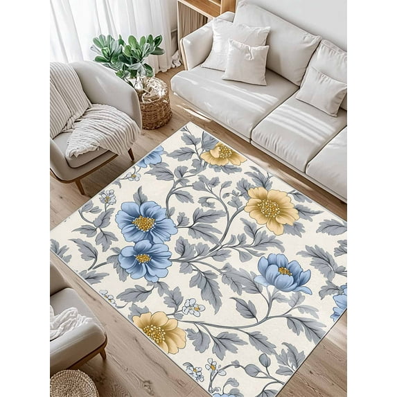 Blue Yellow Floral Area Rug for Bedroom 2.7x5 Ft Vintage Plant Abstract Art Leaf Flower Super Soft fuzzy Throw Rug Non-Slip Fluffy Plush Indoor Floor Carpet for Living Room Nursery Home Decor