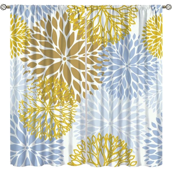 Blue and Yellow Floral Curtains, Boho Dahlia Daisy Colorful Window Treatments for Living Room Bedroom Kitchen, Floral Seamless Pattern Curtain Set of 2, 84x84 Inch