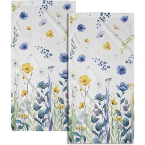 Blue Yellow Floral Hand Towels 2 PCSWatercolor Poppy Flowers Botanical Leaves Kitchen Dish Towel Spring Summer Decor Washcloth for Bathroom Home Spa Gift 14.4 x 28.3 Inch