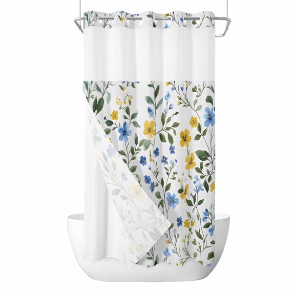 Blue Yellow Floral No Hooks Shower Curtain with Snap-in Liner Spring Flowers Leaf Shower Curtains for Bathroom, Waterproof, Easy Install, Washable 36"x72"