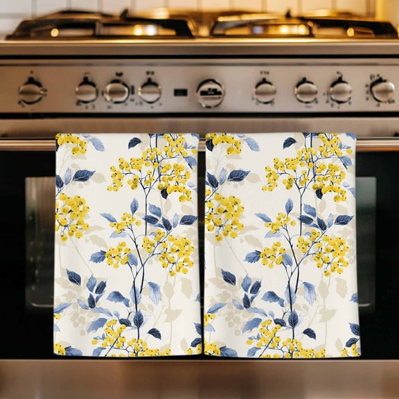 Blue Yellow Floral Kitchen Towels Set of 1, Farmhouse Botanical Blue Leaf on Linen Absorbent Dish Towels for Kitchen, Microfiber Hand Towel, Quick Drying Tea Towel for Cleaning Decorative Dishcloths