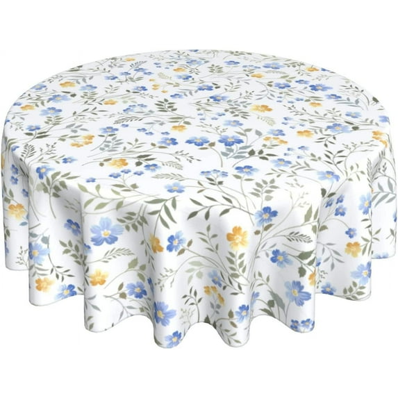 Blue Yellow Floral Leaf Round Tablecloth 60 Inch Summer Spring Wildflower Table Clothes Watercolor Flowers Tablecloths Washable Circle Table Cover for Picnic Dining Room Home Outdoor Decor