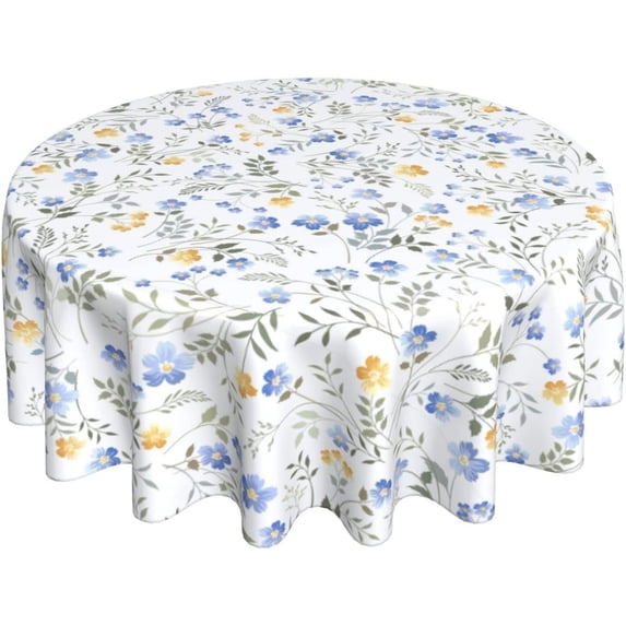 Blue Yellow Floral Leaf Round Tablecloth 60 Inch Summer Spring Wildflower Table Clothes Watercolor Flowers Tablecloths Washable Circle Table Cover for Picnic Dining Room Home Outdoor Decor