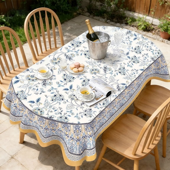 Blue Yellow Floral Pattern Dishes Tablecloth, French Country Table Cloth, Vintage Tablecover for Oval Tables 60x84 inch, Perfect for Kitchen Dinner Restaurant Holiday Picnic Party Table Cover