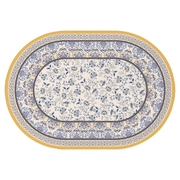 Blue Yellow Floral Pattern Dishes Tablecloth, French Country Table Cloth, Vintage Tablecover for Oval Tables 60x84 inch, Perfect for Kitchen Dinner Restaurant Holiday Picnic Party Table Cover