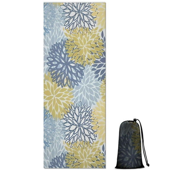 Blue and Yellow Floral Pattern Hot Yoga Mat Towel Non Slip for Hot Yoga - Quick-Drying Yoga Mat Cover with 4 Corner Pockets with Travel Bag - Hot Yoga Towel Non Slip 70"x26"
