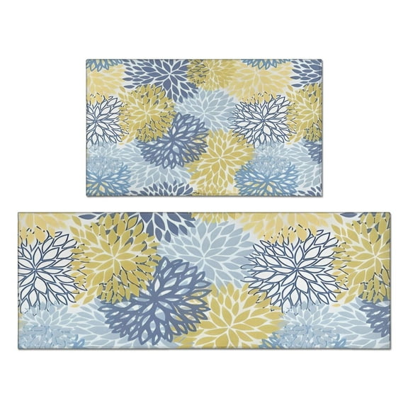 Blue and Yellow Floral Pattern Kitchen Rugs Sets Of 2,Anti Fatigue Kitchen Mat Rugs Non Slip Washable,Decorative Kitchen Floor Mats for Kitchen,Sink,Laundry,17"x30"+17"x47"
