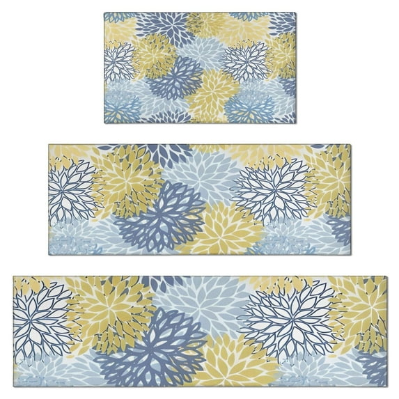 Blue and Yellow Floral Pattern Kitchen Rugs Sets Of 3,Kitchen Runner Rugs Non Skid Washable,Decorative Kitchen Floor Mats for Kitchen,Sink,Laundry,17"x30"+ 17"x47" + 17"x59"