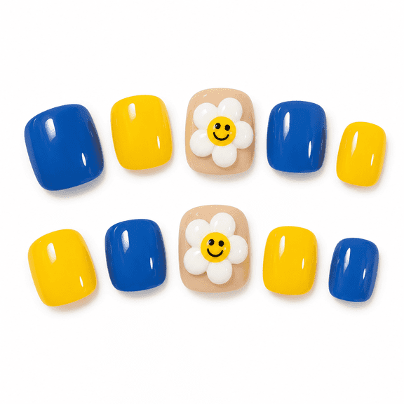Blue Yellow Floral Press on Toenails, Short Square Glossy Fake Toenails with Raised Detail, 24 Count
