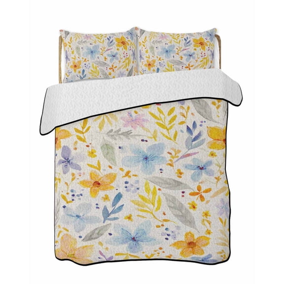 Blue Yellow Floral Quilts Bedding Set California King Boho Bright Gold Blue Flowers Leaf Linen Lightweight Quilted Bedspread 3 Piece Bed Quilt with 2 Pillow Shams All Season for Bedroom 96" x 106"
