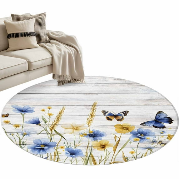 Blue Yellow Floral Round Area Rug 4ft Butterfly Watercolor Plants Non-Slip Washable Circle Rugs Soft Felt Indoor Floor Mat for Bedroom Kitchen Living Room Bathroom