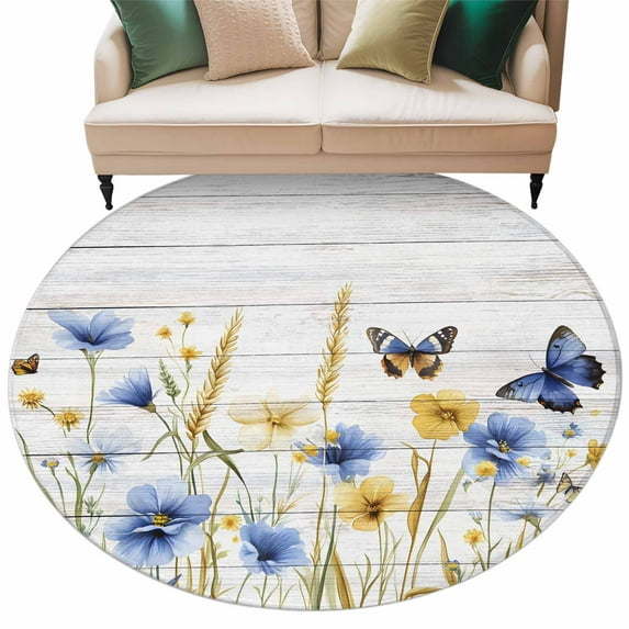 Blue Yellow Floral Round Area&nbsp;Rug 5ft Butterfly Watercolor Plants Non-Slip&nbsp;Washable Circle Rugs Soft Felt Indoor Floor Mat for Bedroom Kitchen Living Room Bathroom