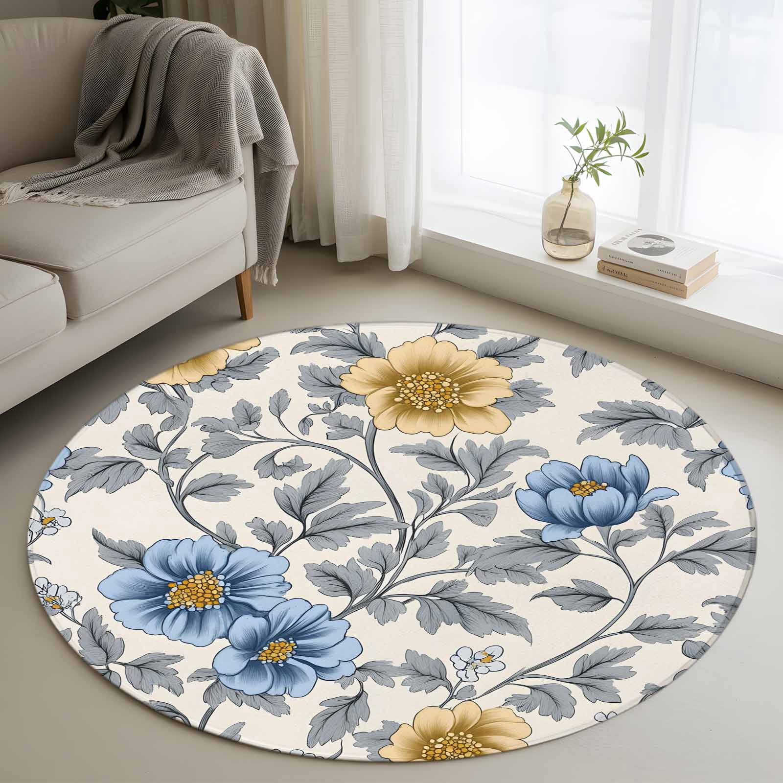 Low Profile Blue Rug Blue Yellow Floral Round Rugs for Living Room 4ft Vintage Plant ...